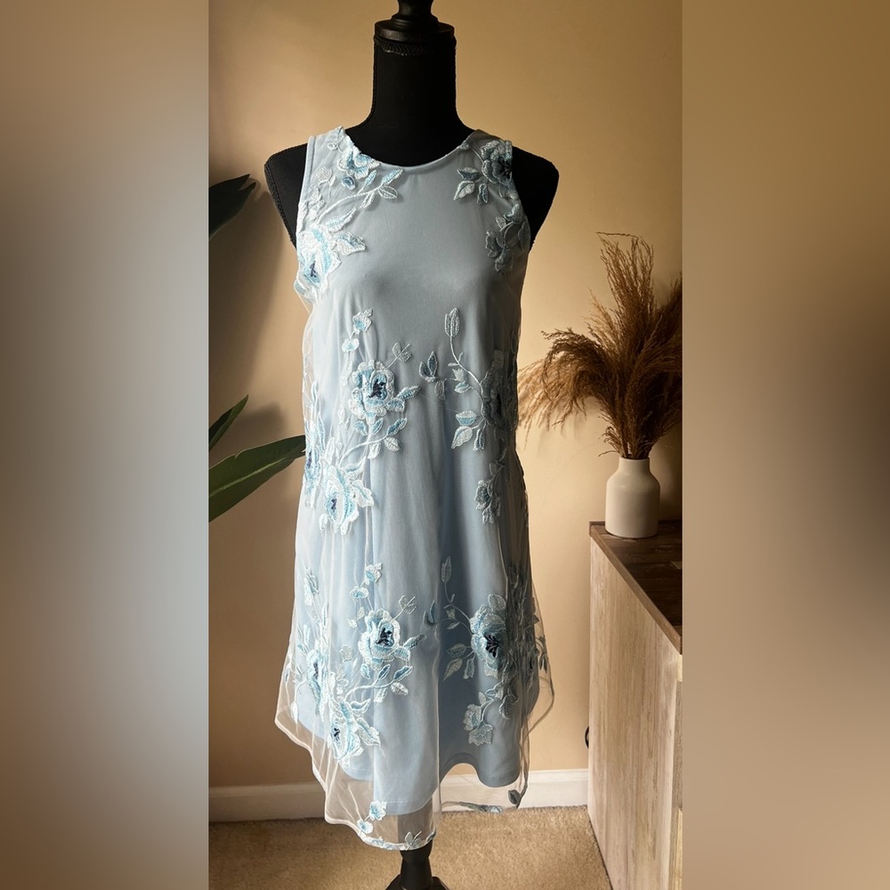 BABY BLUE NEW YORK AND COMPANY RIBBON BACK LACE FLORAL DRESS